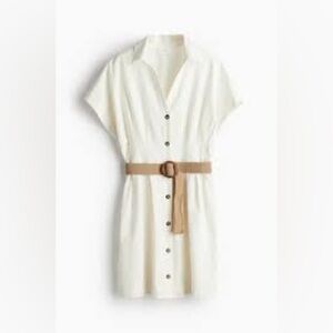 H&M White linen blend Button-shirt Up Dress with Tan Belt size M